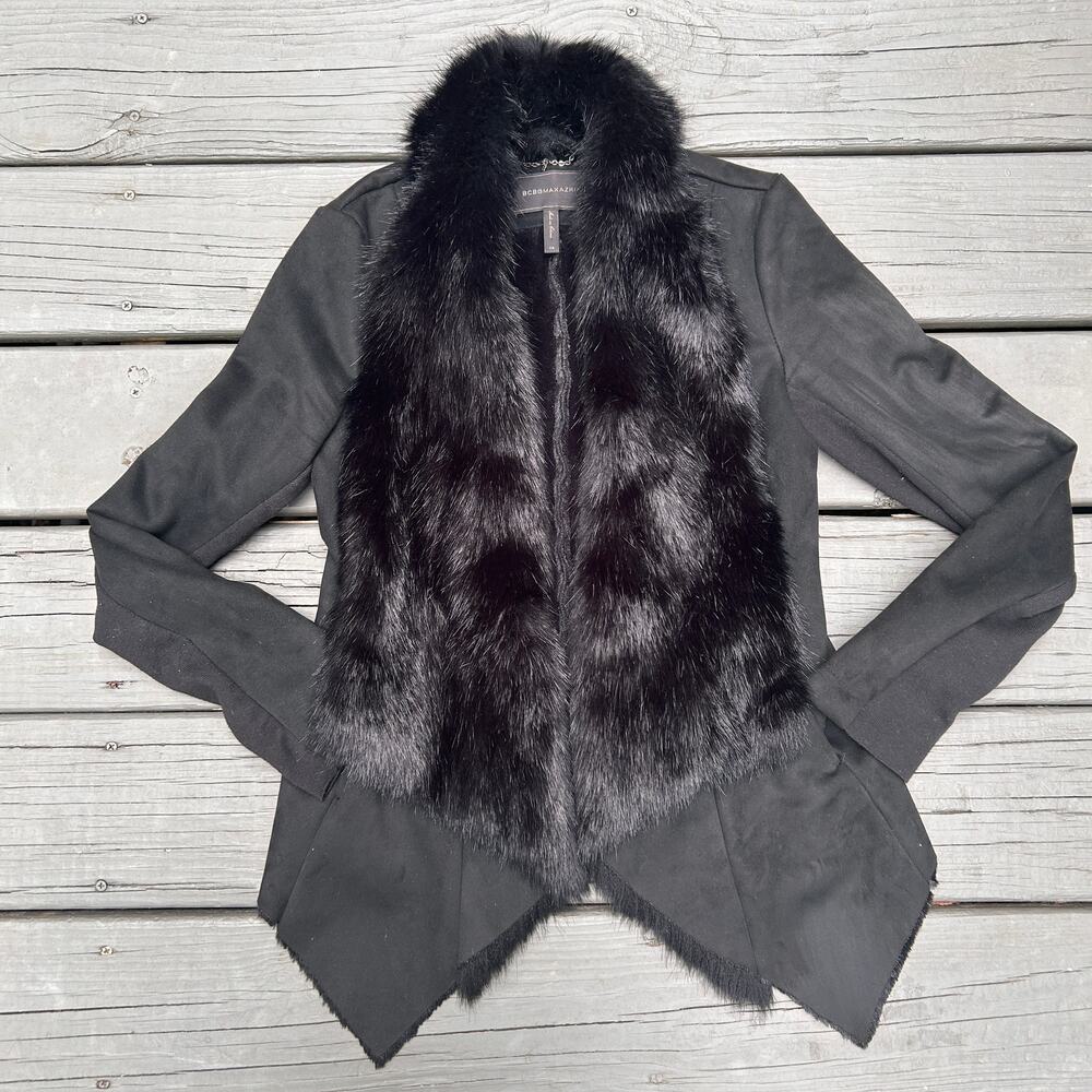 BCBGMAXAZRIA Black Faux Fur Suede Waterfall Drape Jacket Coat XS 12290BM Goth